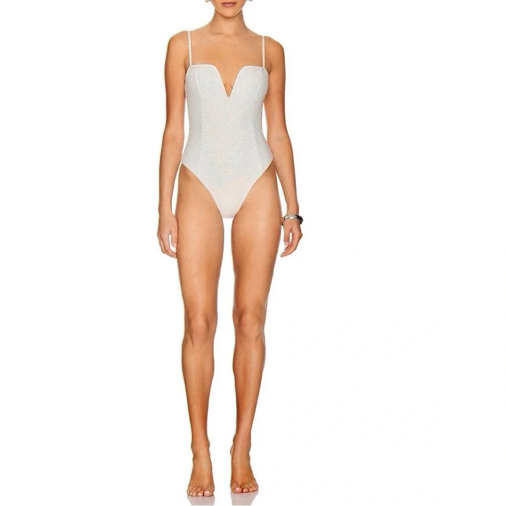 DEVON WINDSOR JOELLE ONE PIECE SWIMSUIT Champagne Glitter V Neck Size XS